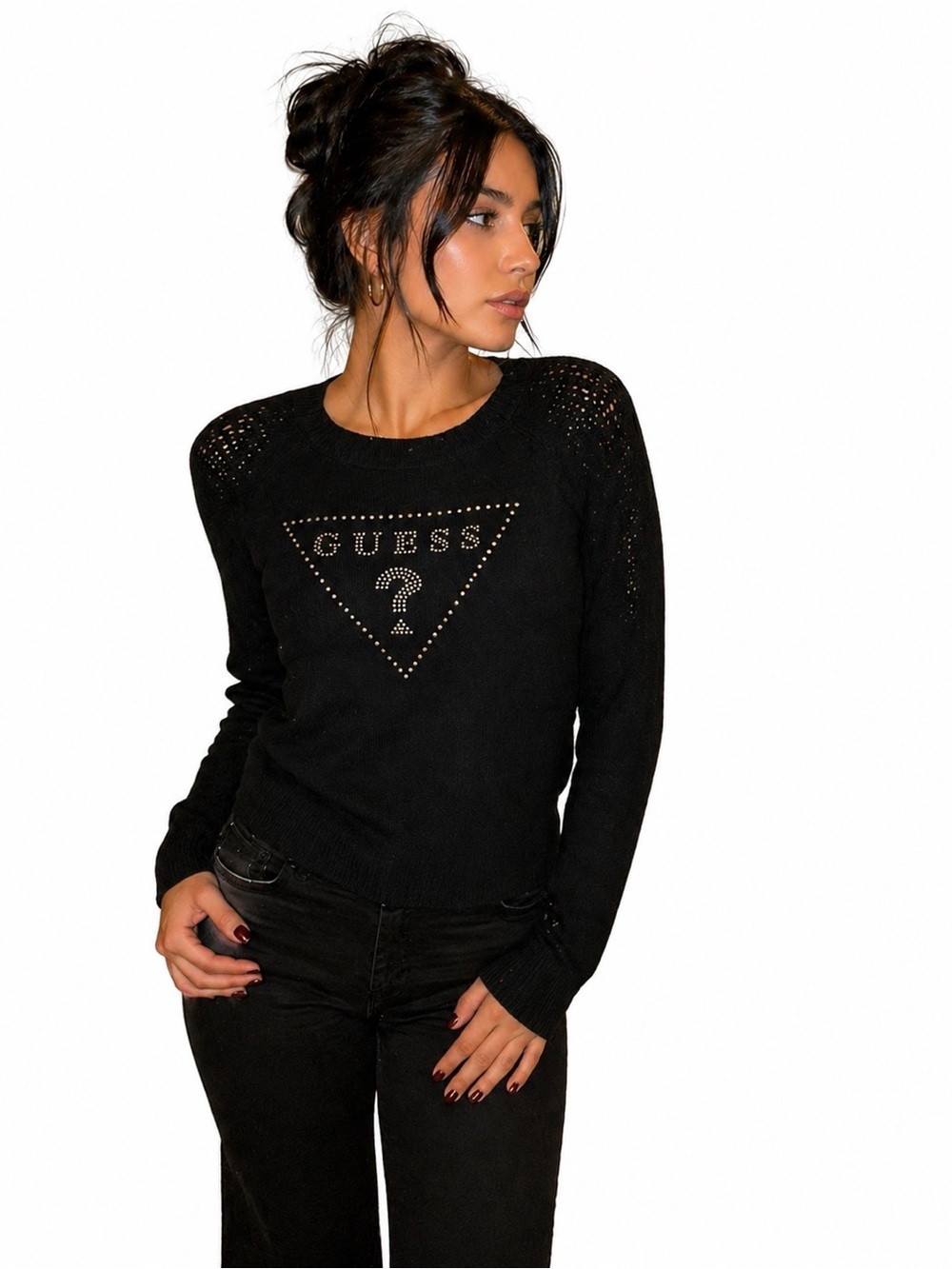 GUESS Black Studded Triangle Logo Sweater